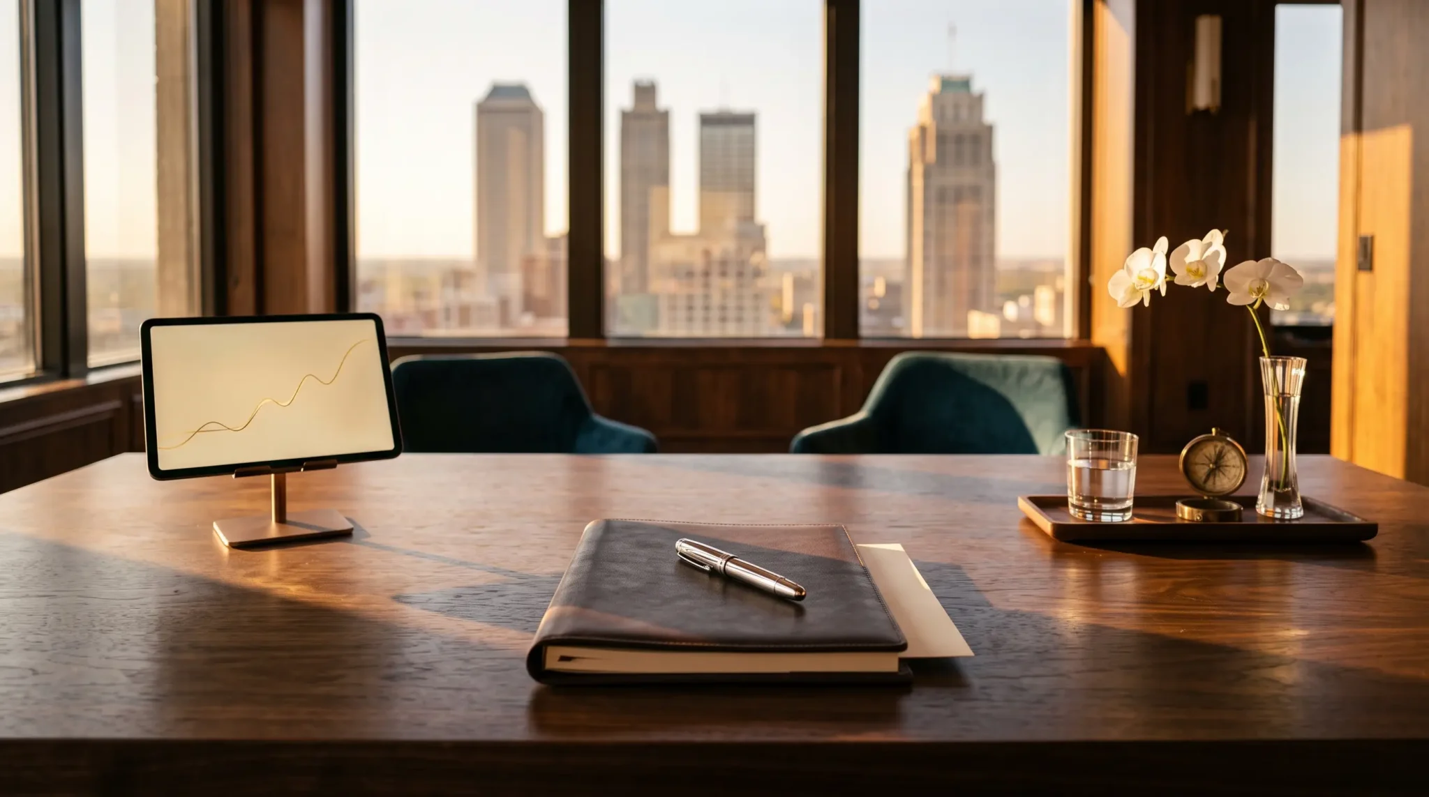 selling ai implementation to ceos workspace with tablet interface and Tulsa art deco skyline