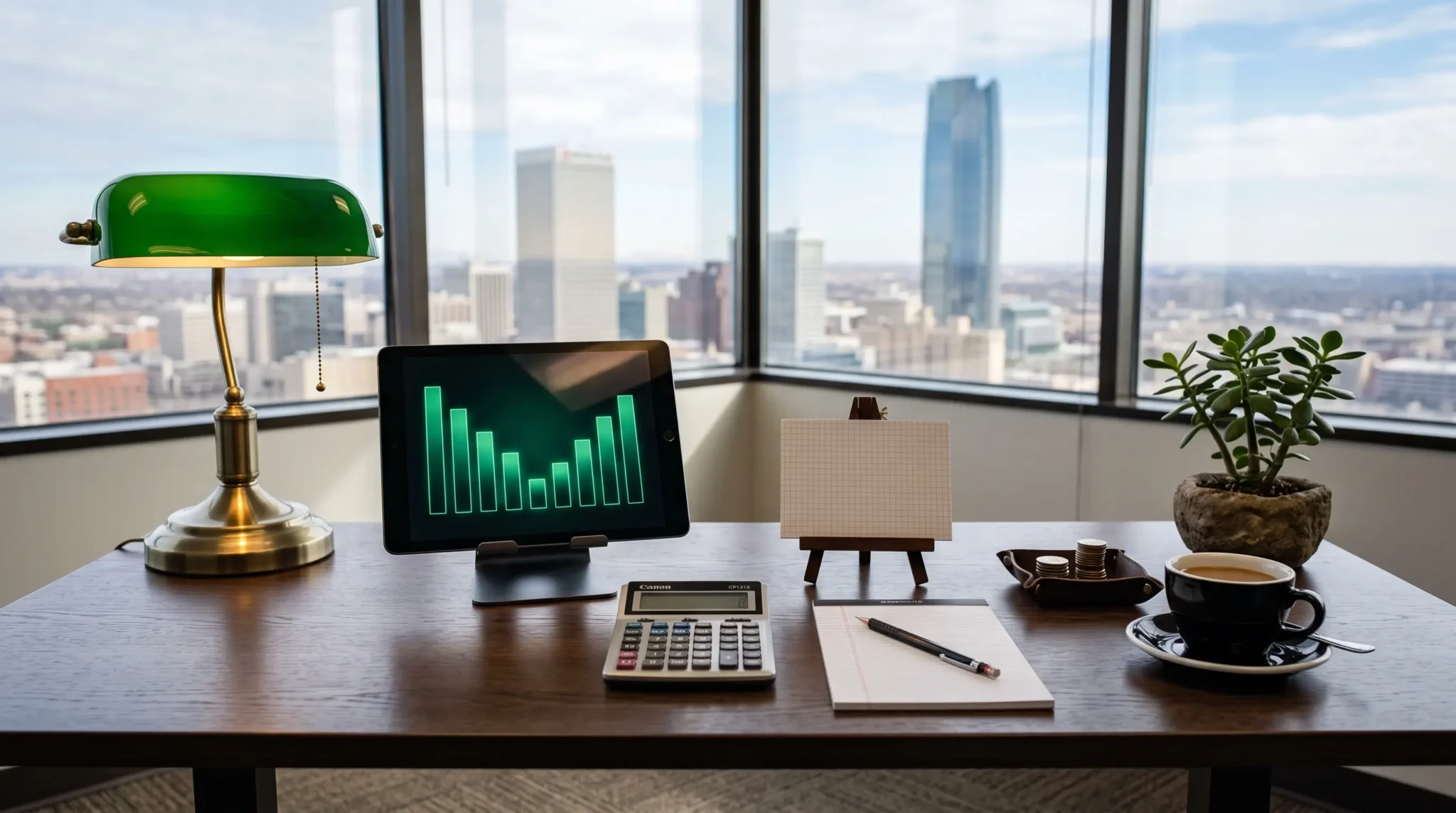 selling ai implementation to cfos workspace with tablet interface and Oklahoma City skyline
