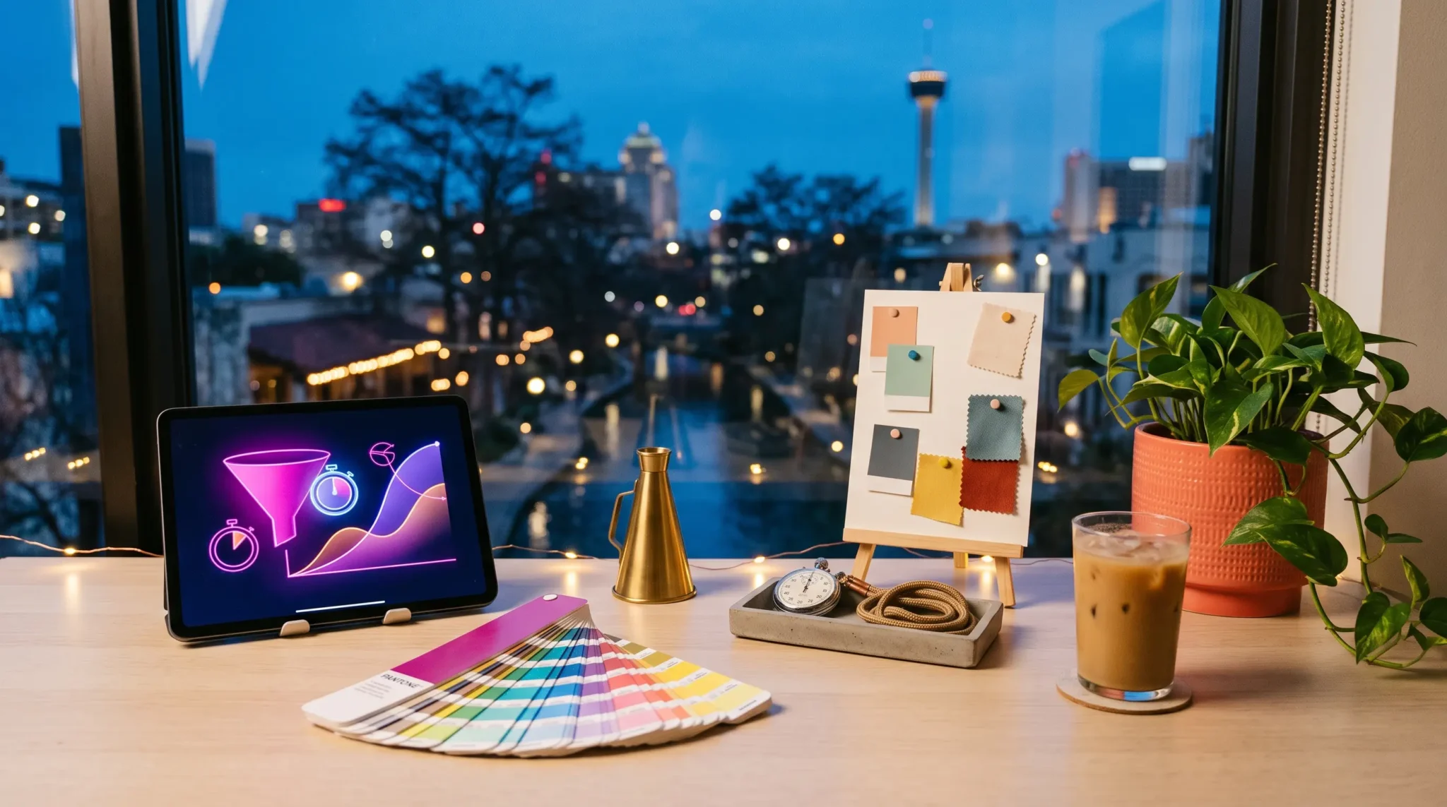 selling ai implementation to cmos workspace with tablet interface and San Antonio riverwalk evening view