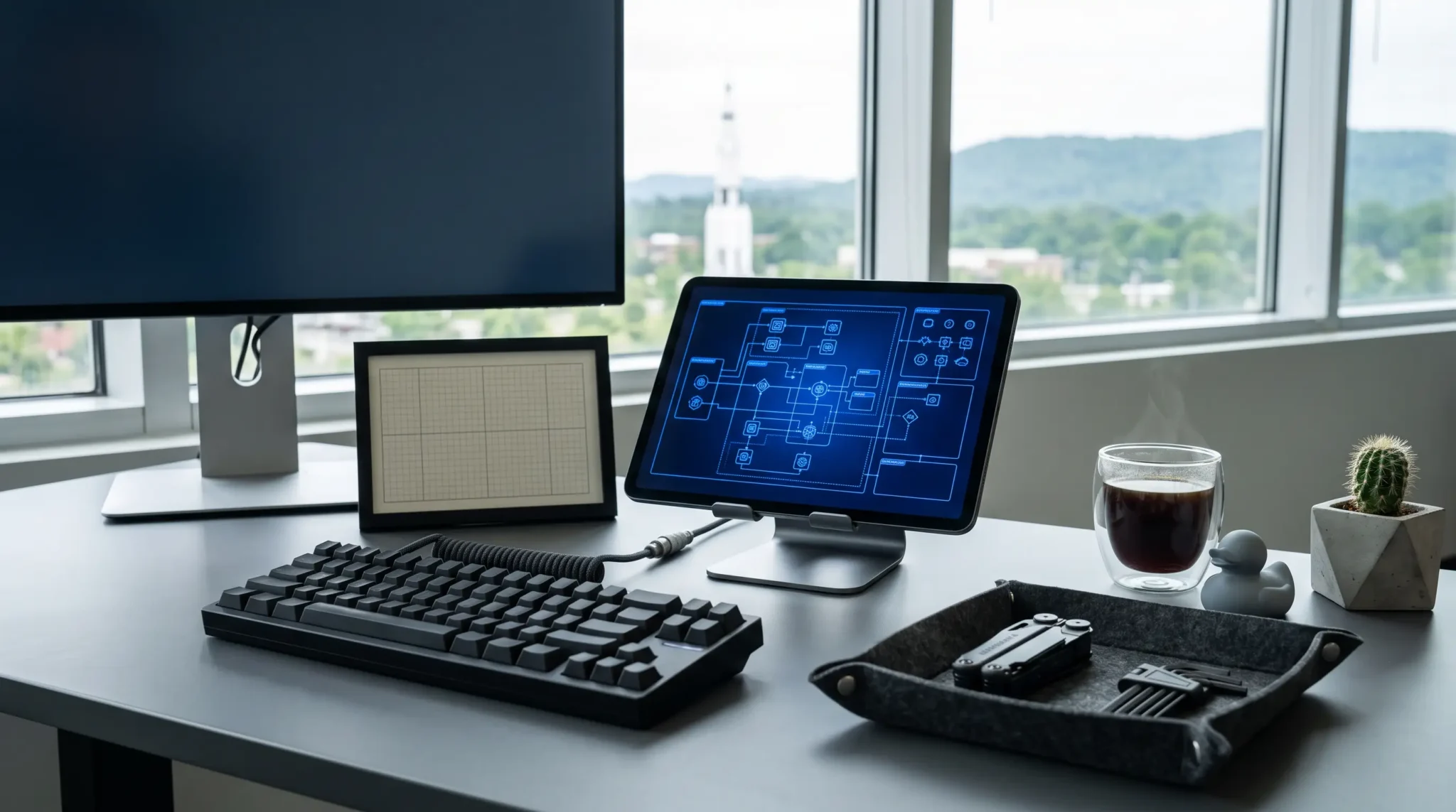 selling ai implementation to ctos workspace with tablet interface and Huntsville rocket skyline