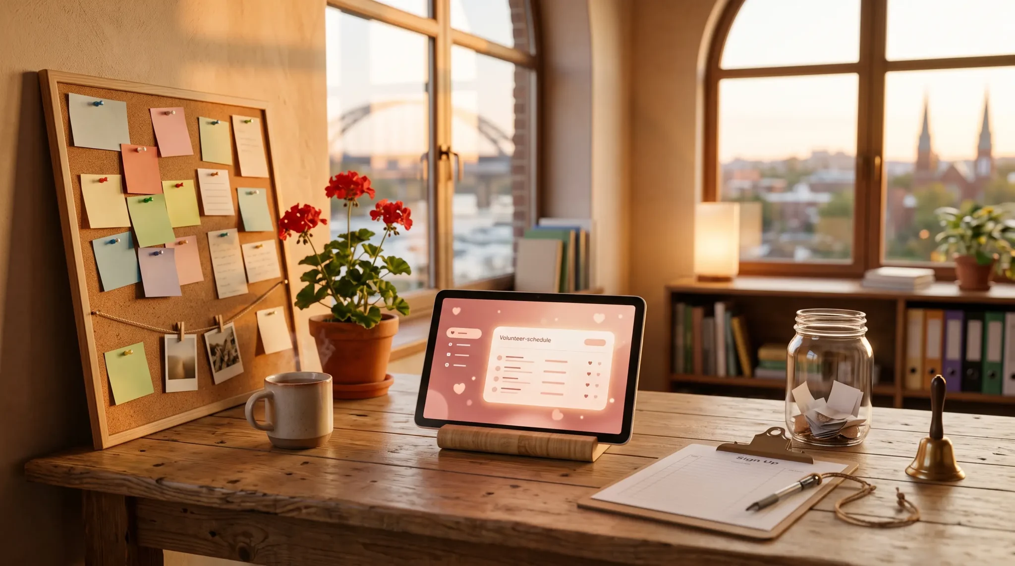 selling ai implementation to non profits workspace with tablet interface and Richmond river skyline
